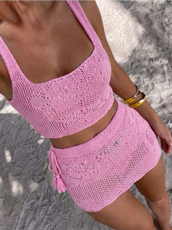 Dresses & Skirts - Pink Women's crochet top and skirt  Beach 2-Piece Set